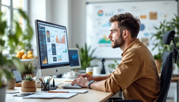 An office scene depicting a person analyzing data on a computer screen with AI insights.