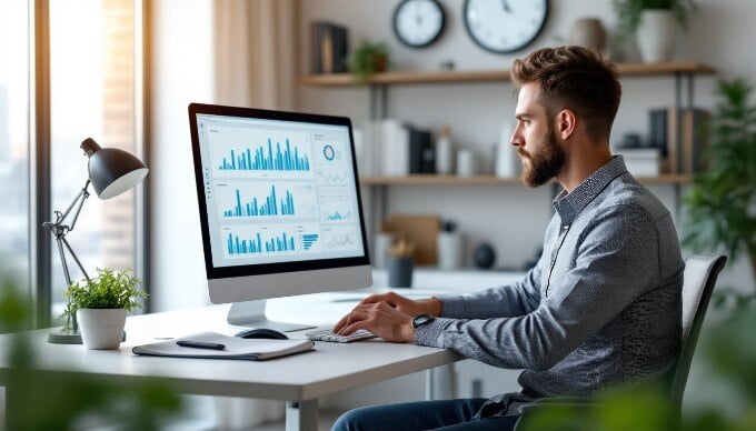 A business professional analyzing data insights on a computer screen, showcasing AI software applications.