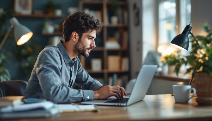 An individual analyzing customer data on a laptop in a cozy workspace.