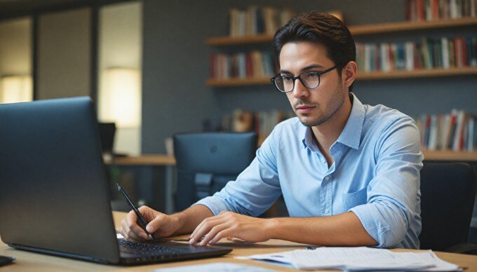 A marketer analyzing customer data on a computer screen in a modern office environment.