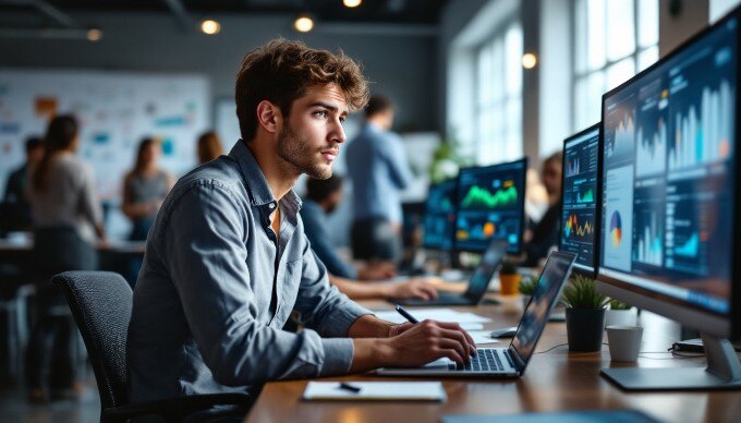 A data analyst reviewing marketing reports on a computer in a collaborative workspace.