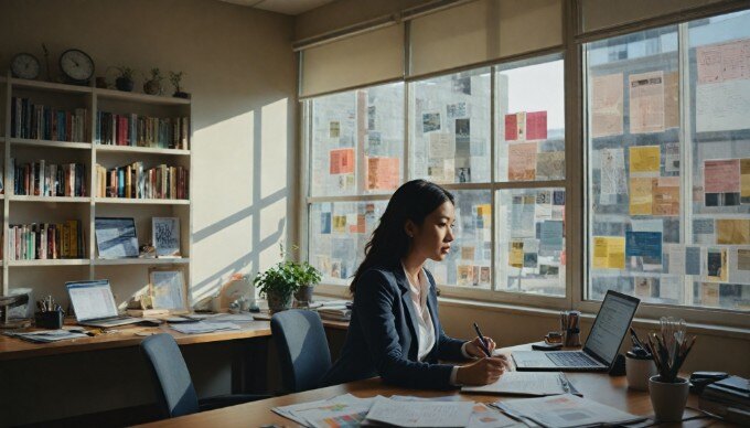 A business professional analyzing data trends on a computer screen in an office environment.