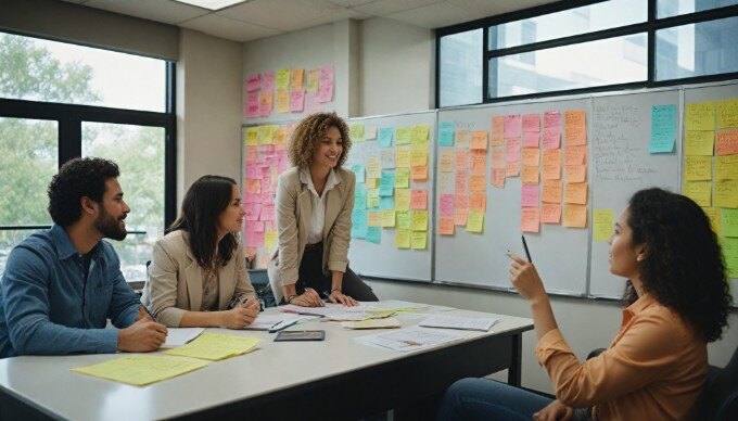 A close-up of a digital marketing team brainstorming ideas on a whiteboard.