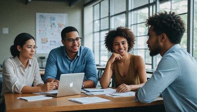 A professional setting where a diverse group of marketers discusses digital marketing strategies around a conference table.