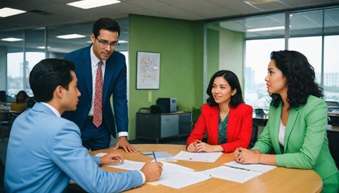 A diverse group of professionals collaborating in a modern office space, with colorful clothing and a bright atmosphere.