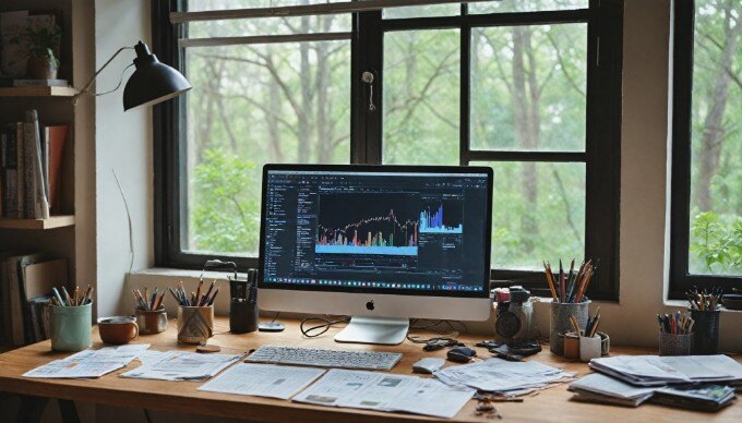 A creative workspace with a close-up of a computer screen displaying colorful dynamic display ads, with a person analyzing the data closely.