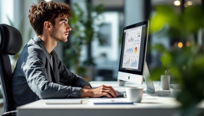 An individual reviewing e-commerce metrics on a computer in a modern workspace.