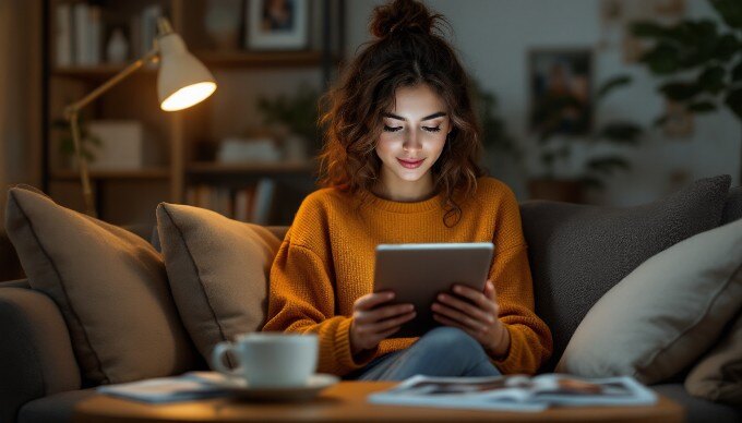 A user engaging with an ecommerce website on a tablet in a cozy living room.