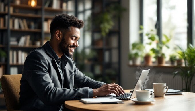 A person editing AI-generated content on a laptop in a cozy office setting.