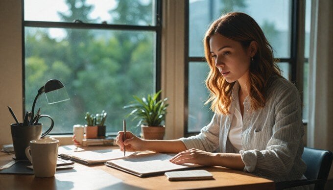 A young woman analyzing email marketing statistics on a laptop in a well-lit office space.