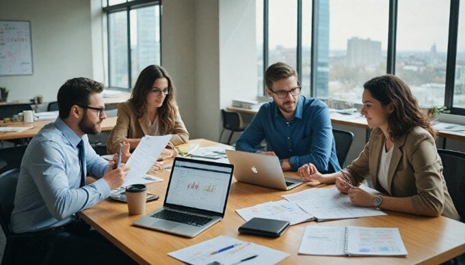 A diverse group of marketers collaborating around a table, analyzing email marketing strategies on laptops with charts visible.