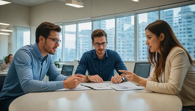 Team collaboration on email marketing strategies in a bright office environment.