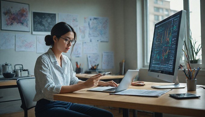 A futuristic marketing professional analyzing data trends on a digital tablet in a contemporary workspace.