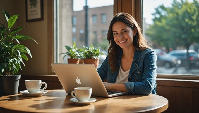 A person managing their Google My Business listing on a laptop in a cozy coffee shop.