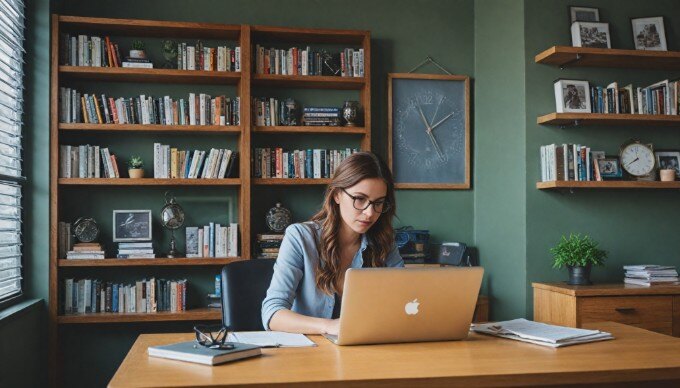 A business owner setting up their Google My Business account on a laptop in a modern office space.