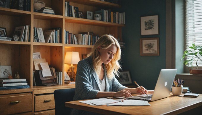 A person revising a video script on a laptop in a cozy, well-lit home office.