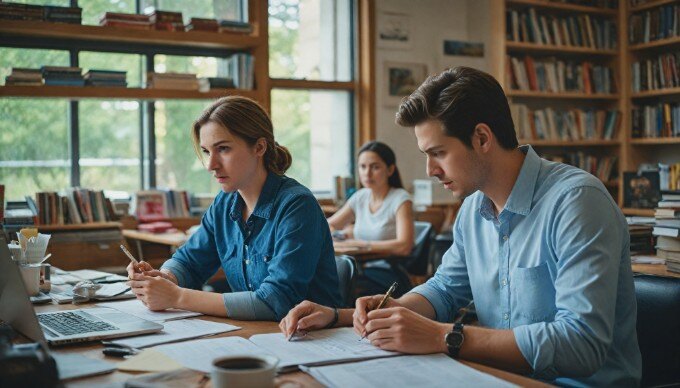 A professional setting showing two people collaborating on a computer, discussing image alt text optimization strategies.