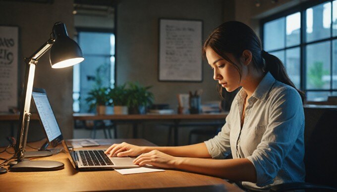 A person implementing canonical URLs on a computer in a workspace.