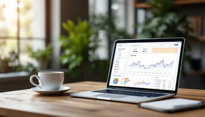 A close-up view of a laptop screen displaying analytics from an inbound marketing campaign, with a coffee cup and notepad beside it.