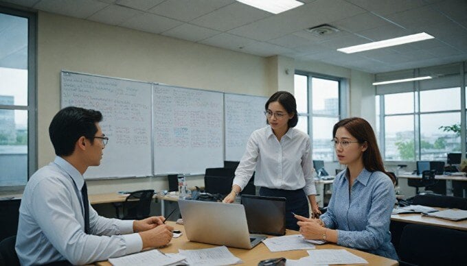 A professional setting where two colleagues are engaged in a discussion about interactive content strategies, with a laptop and a whiteboard in the background.