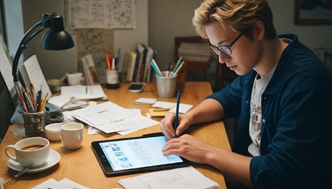 A close-up of a person taking an interactive quiz on a tablet in a cozy workspace, with a coffee cup nearby.