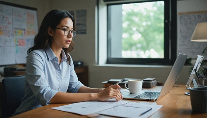 A professional woman analyzing keyword data on a laptop in a modern office setting.