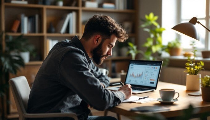 An individual conducting keyword research using a computer with SEO tools displayed on the screen.