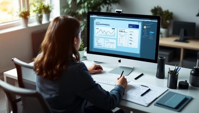 A person conducting keyword research using SEO tools on a computer.