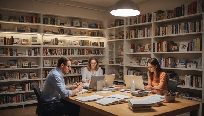 A professional workspace with two individuals analyzing keyword data on a computer screen, surrounded by digital marketing tools.