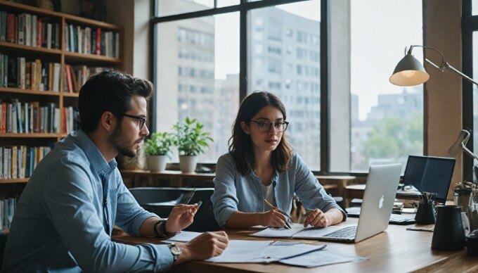 A professional setting showing two diverse individuals collaborating on link building strategies at a desk with a laptop and notes.