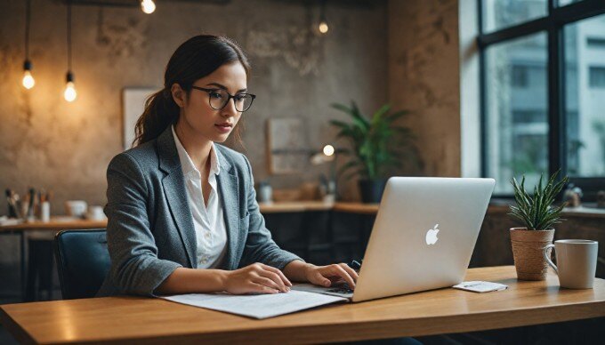 A business professional using live chat software on a laptop while interacting with a customer, showcasing real-time engagement.