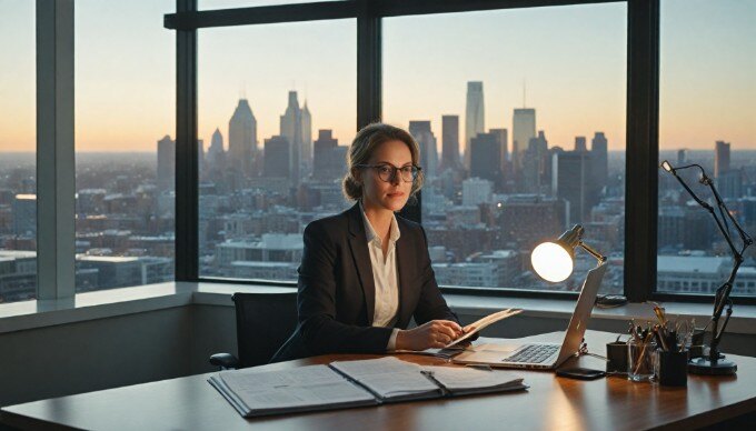 A business professional reviewing local search data on a laptop in a modern office setting.