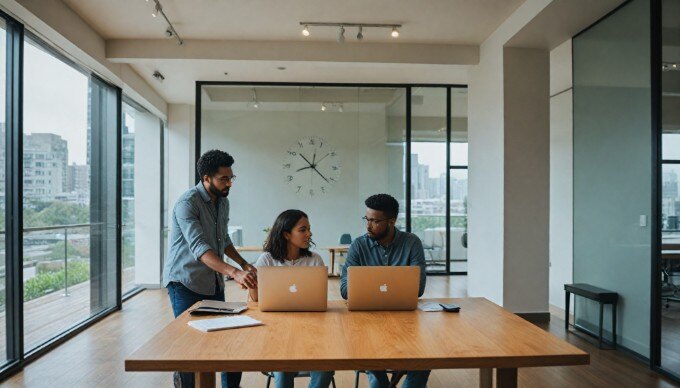 A professional setting where two people are discussing local SEO strategies over a laptop in a modern office environment.