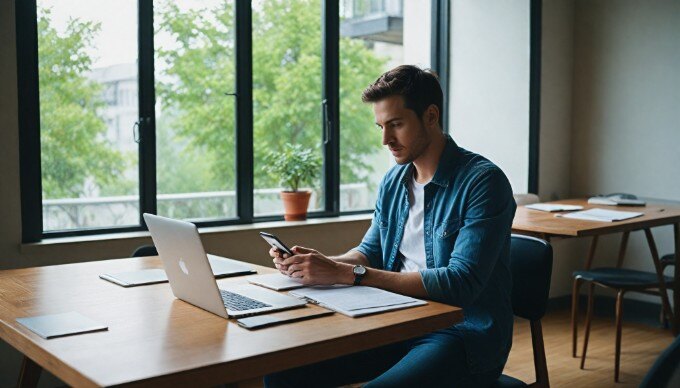 A person using a smartphone to manage an SMS marketing campaign in a bright, modern workspace.