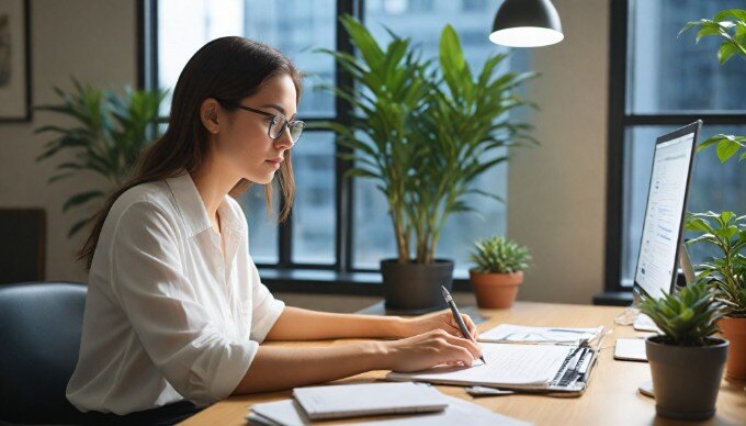 A marketer analyzing content strategies using AI tools on a computer in a bright workspace.