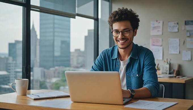 A marketer analyzing data on a laptop with a focus on personalized digital marketing strategies.