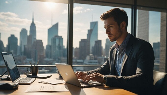 A marketer using AI tools on a laptop to analyze consumer data in a contemporary office space.