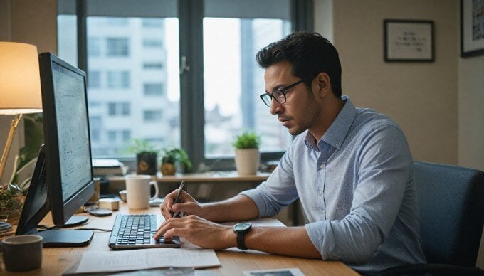 A marketing professional analyzing click-through rate data on a computer.