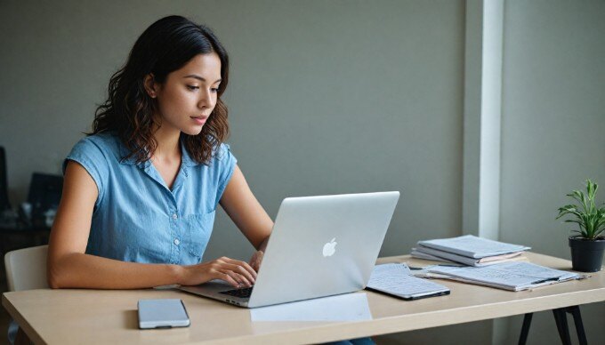 A person reviewing marketing strategies on a laptop in a modern workspace.