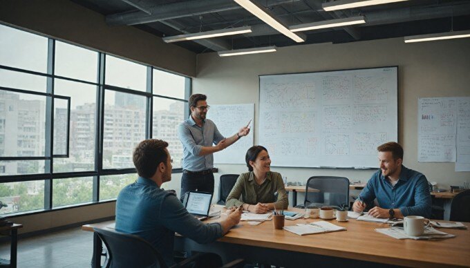 A marketing team brainstorming ideas with personalized data displayed on a screen in a modern office.