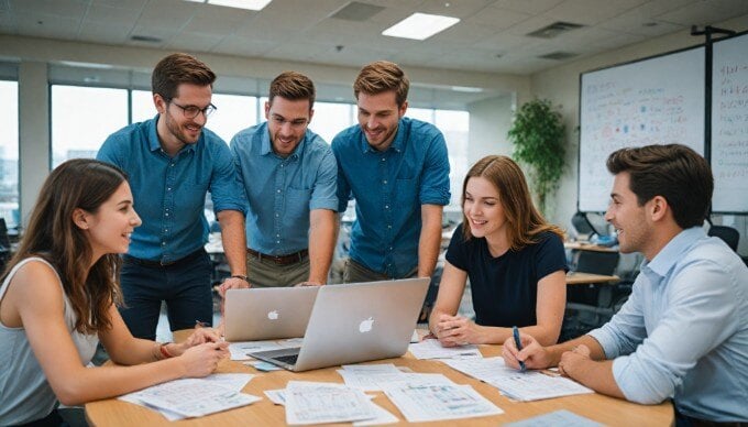 A collaborative meeting among a marketing team discussing copywriting strategies.