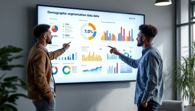 A marketing team analyzing demographic data on a large screen in a bright office space.