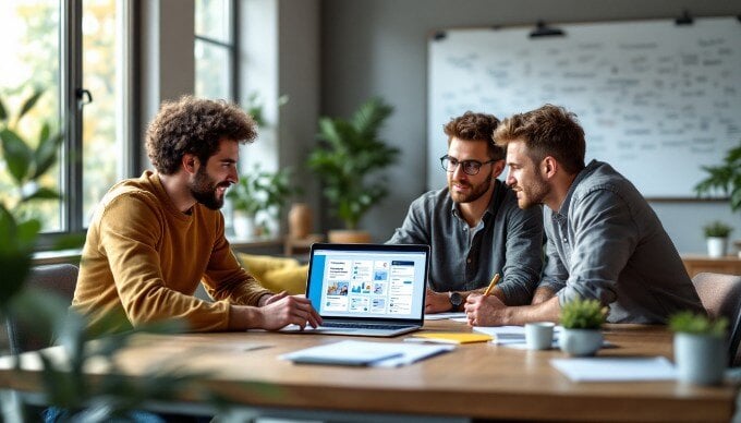 A digital marketing team discussing dynamic content strategies in a collaborative office environment.