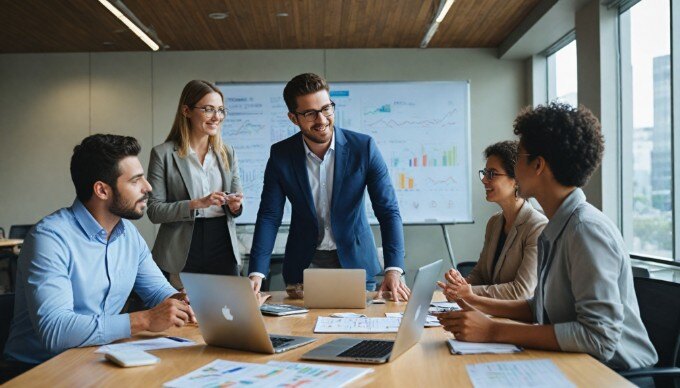 A marketing team meeting in a bright conference room, discussing AI-driven strategies with laptops open.