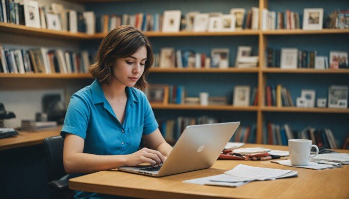 A professional setting showing a person thoughtfully drafting meta descriptions on a laptop at a modern desk.