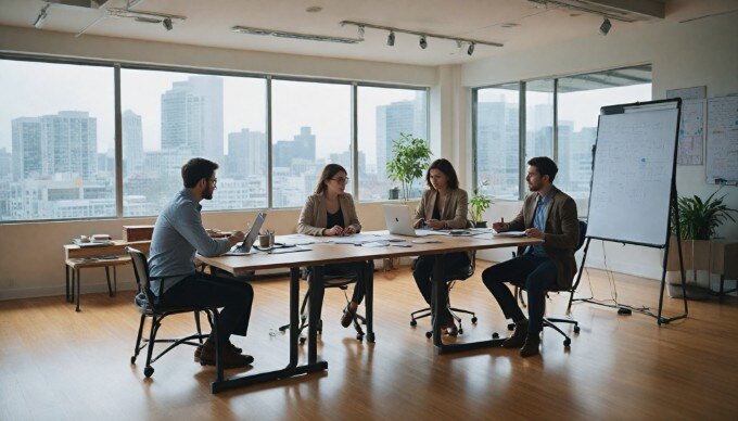 A group of professionals discussing mobile website optimization strategies in a collaborative workspace.