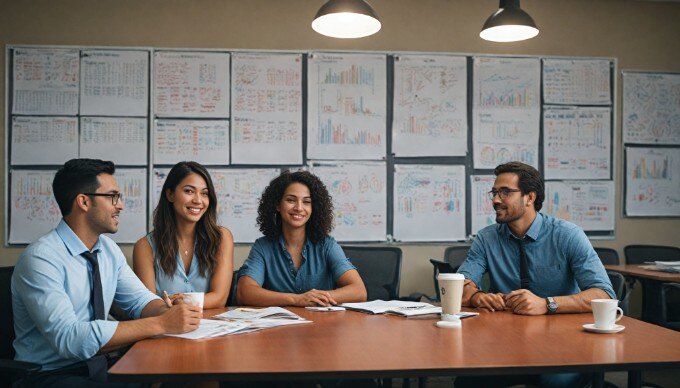 Team of multicultural colleagues discussing ideas at a conference table, showcasing a vibrant office environment.