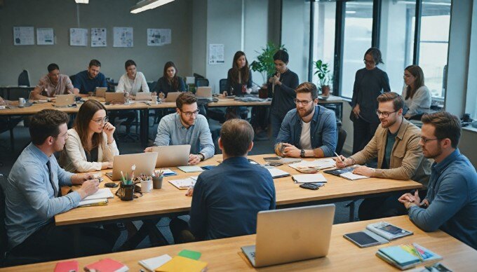 Two colleagues discussing product descriptions in a modern office with a whiteboard and colorful post-it notes.