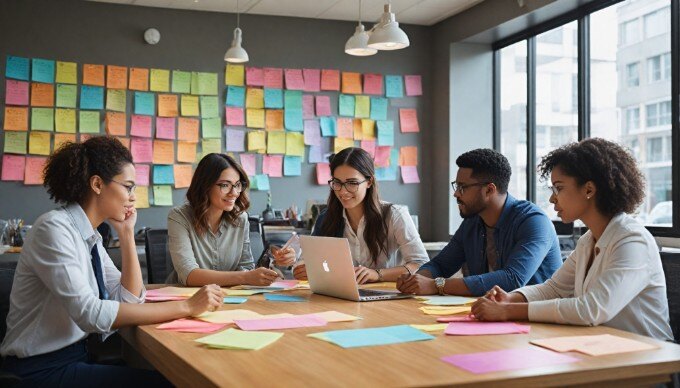 A team of office workers brainstorming ideas at a stylish conference table, with colorful notes and laptops.