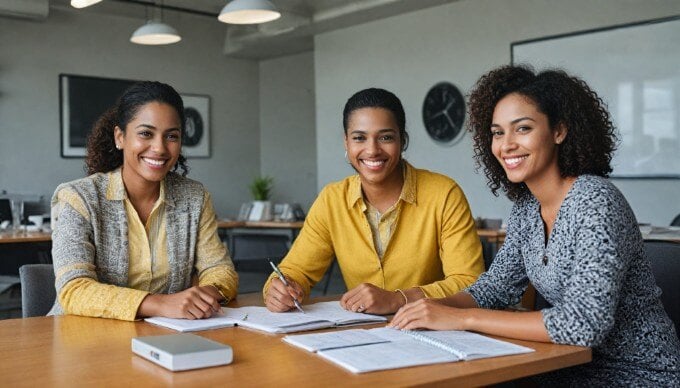 A team of office workers engaged in a lively discussion with colorful attire in a bright corporate environment.